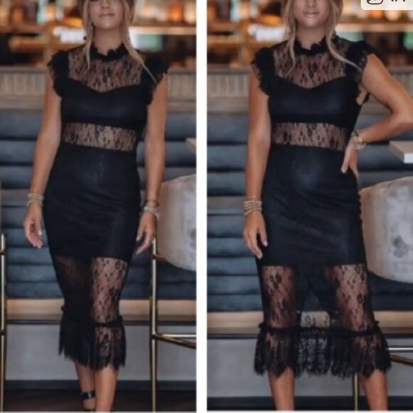 Vici Lace insert Midi Dress. Black, Small - Picture 1 of 6
